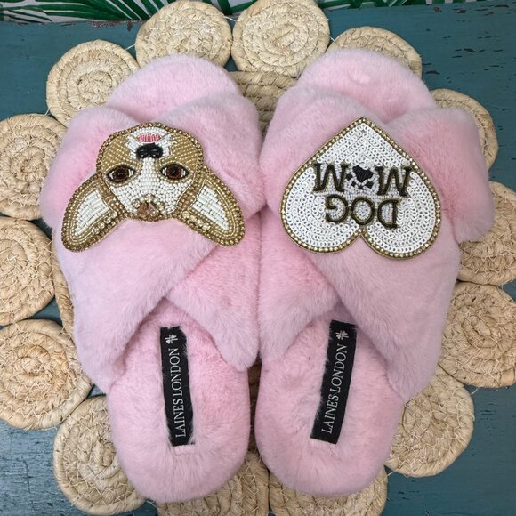 LAINES LONDON Classic Slippers With Enki-doo & Dog Mum / Mom Brooches - Size - M - Picture 5 of 5
